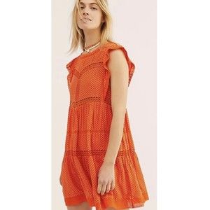 FREE PEOPLE Retro Kitty Crochet Trim Tangerine Mini Dress